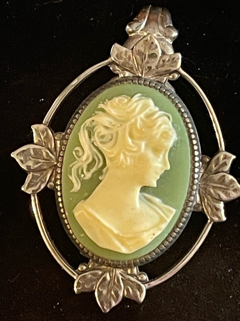 Vintage Silver Tone Green & White Cameo Pendant. Classic. Victorian. Fashion